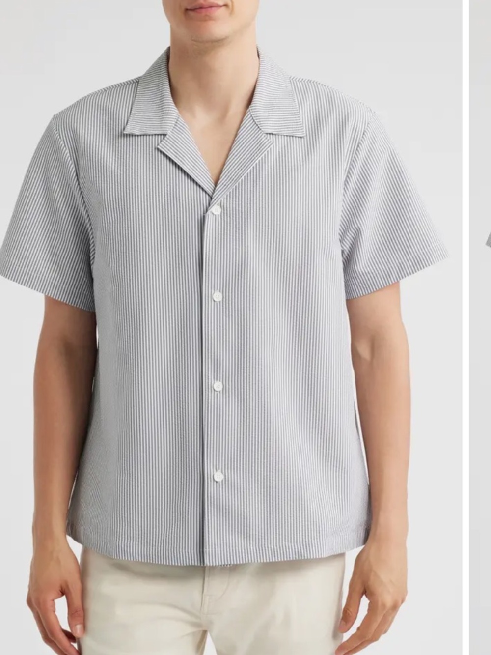 New Hugo Boss Velvetfish Grey and White Stripe Seersucker Camp Button-Down Shirt